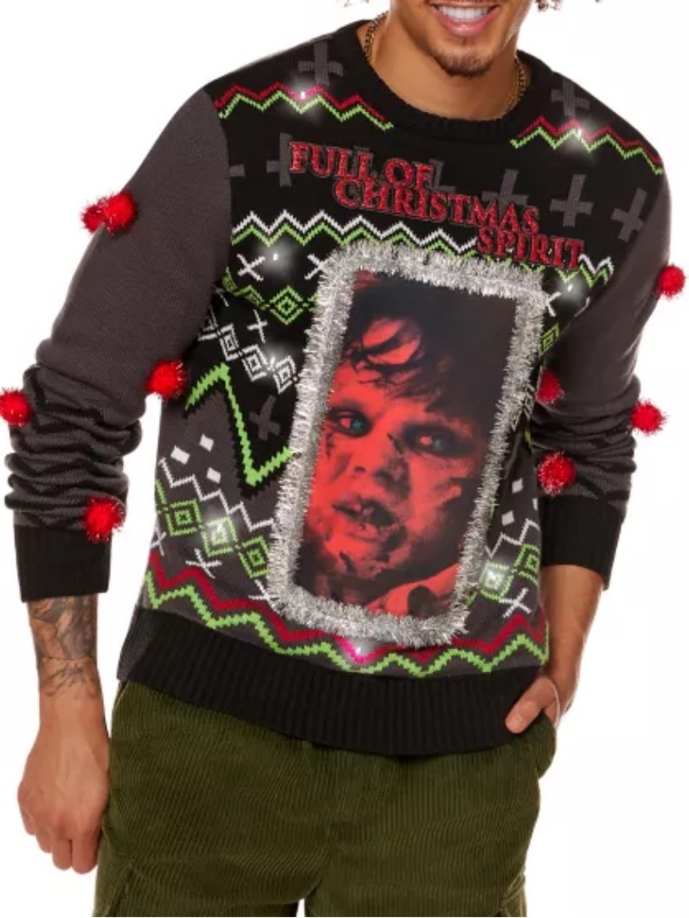 Spencer’s Christmas Halloween Exorcist Sweater Light And Sounds Tinsel Medium